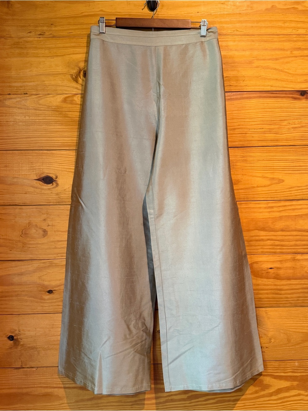 Flax 100% Silk Wide Leg Pants Large L Taupe Beige High Rise Zip Up Trousers